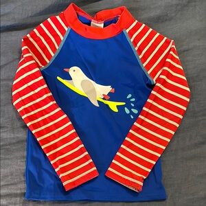 Mini Boden Blue Rashguard with Red & White Striped Sleeves